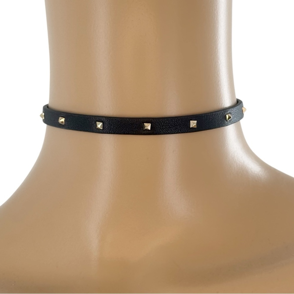 All Saints Black Leather Choker with Gold Studs